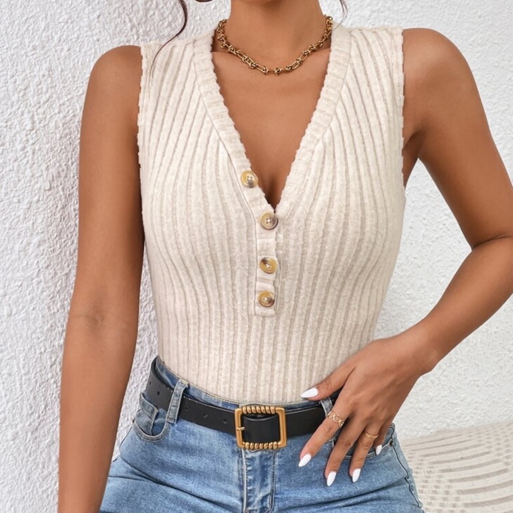Sleeveless Ribbed Beige Top